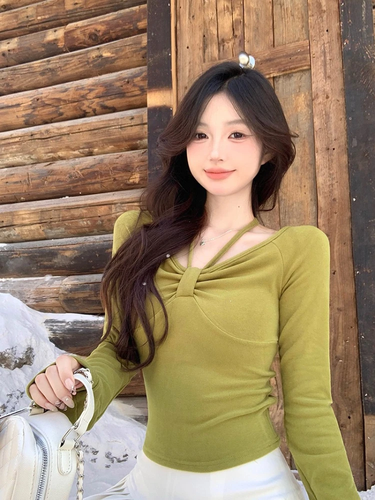 Halter T-shirty damskie Skinny Simple Gentle Basic Streetwear Korean Fashion Temper Sexy Spicy Girl Wiosna Jesień Basic Y2k Tops