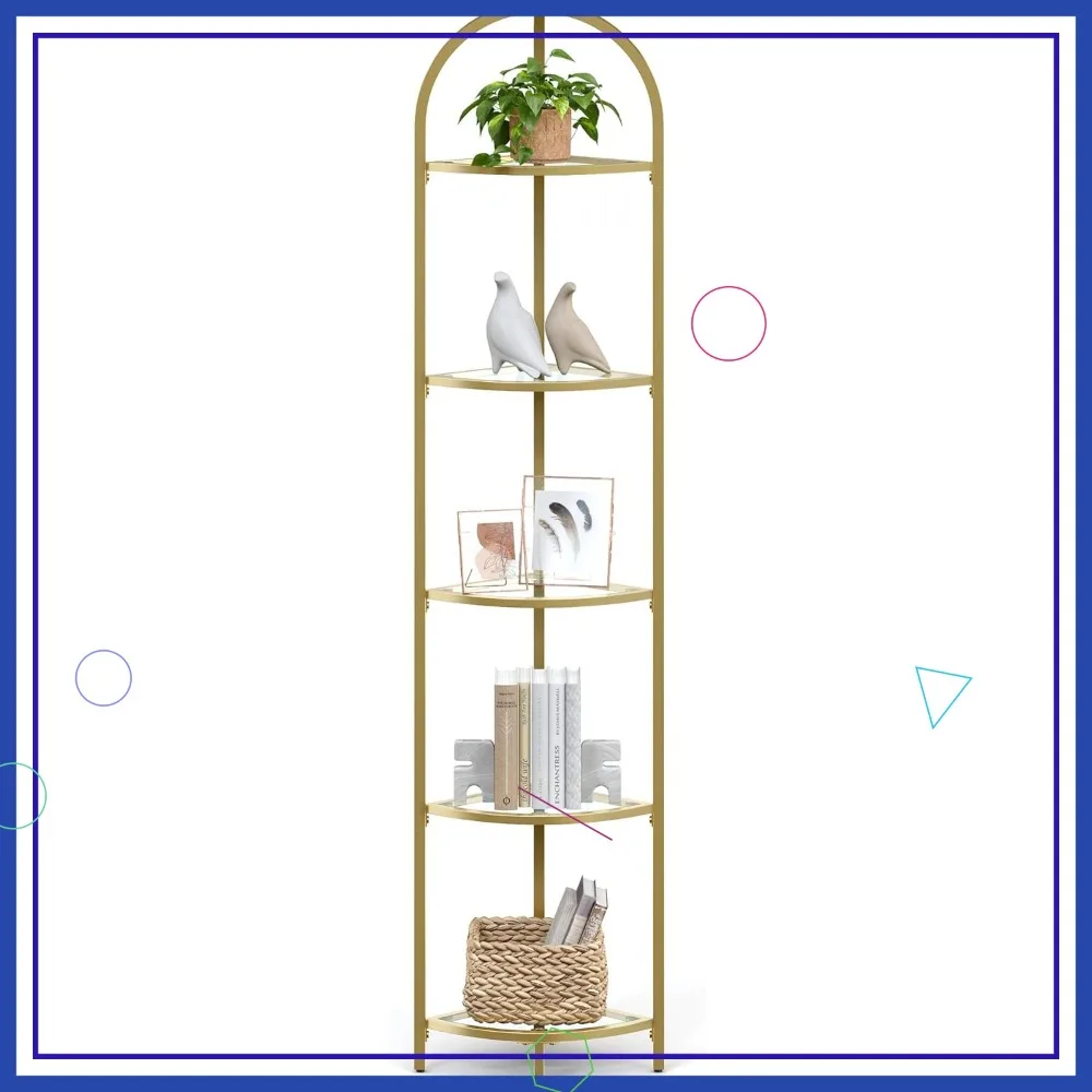 

5-Tier Corner Shelf Stand, Tempered Glass & Steel Frame, Modern Style for Living Room, Bathroom, Kitchen in Metallic Gold
