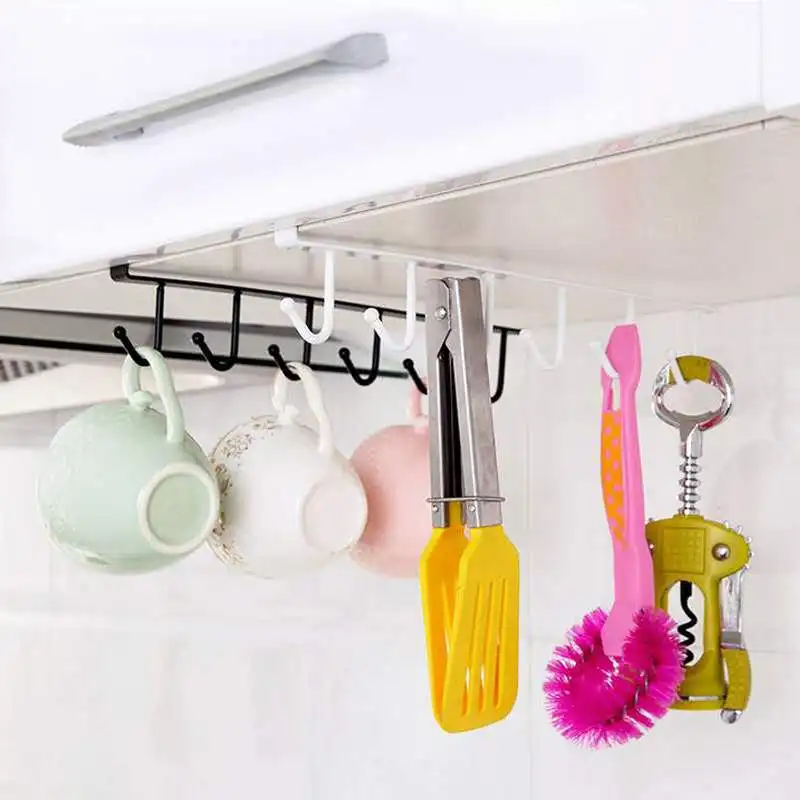 Universal 6 Hooks Cup Holder Hanging Bathroom Hanger Kitchen Organize Hooks Cabinet Shelf Removable Storage Rack Home Decor