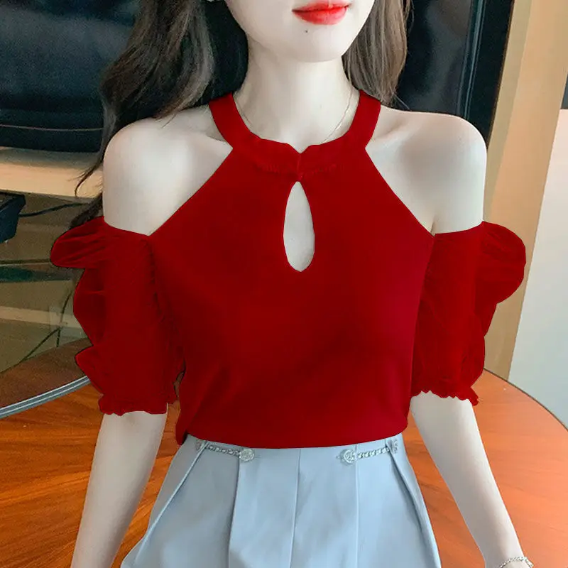 

Summer New Hollow Neck Off-shoulder Top for Women Short-sleeved T-shirt for Women Mesh Sleeves Slim Retro Thin Sweater 2026