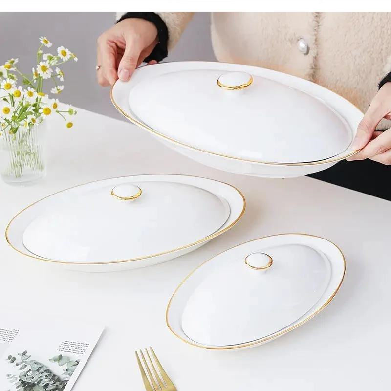 

Steamed Oval Abalone Dish Sea Cucumber Ceramic Dinnerware Lid Hotel Restaurant dishes