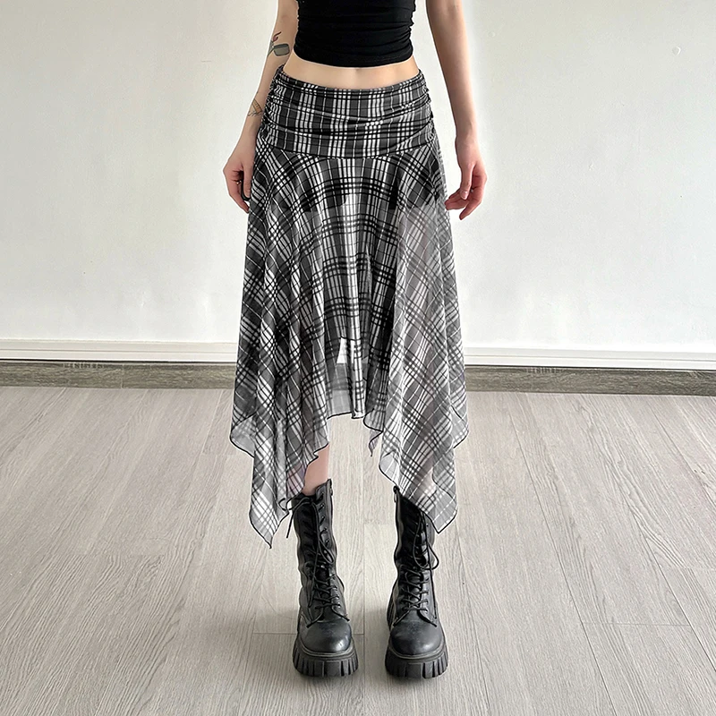 

MEXZT Vintage Plaid Midi Skirt Women Y2K Streetwear Irregular Mesh Skirts Summer Gyaru Harajuku Korean High Waist A Line Faldas
