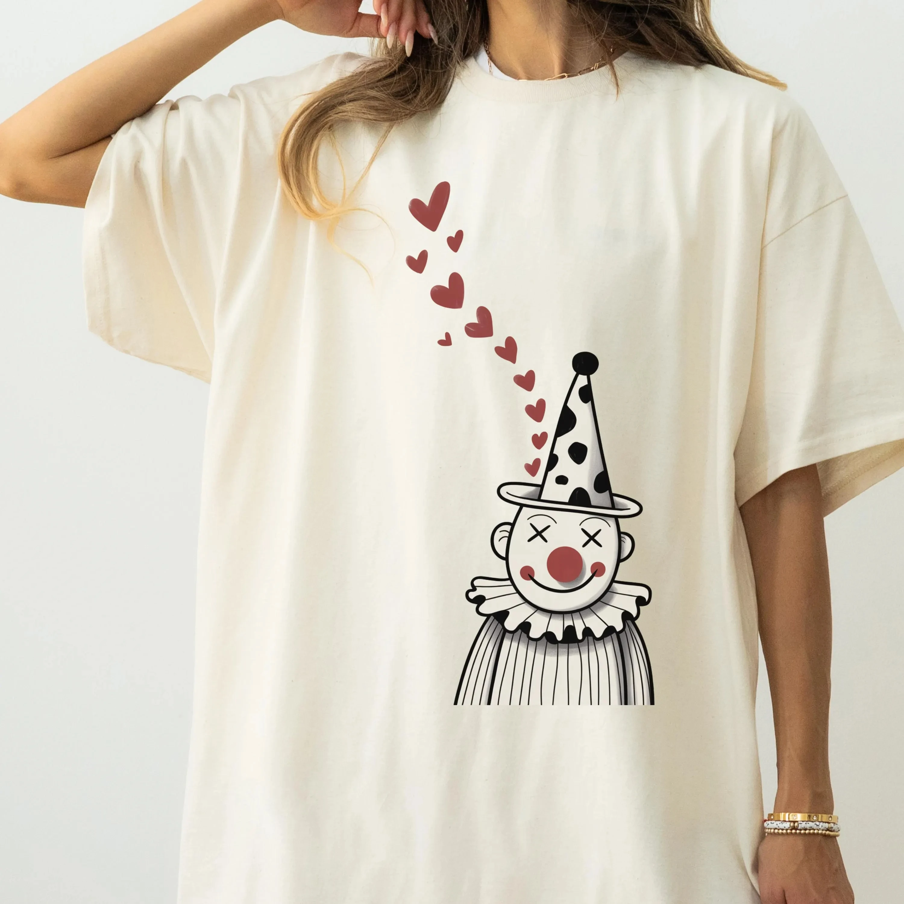 2026 Summer Women's Sad Clown Heart Graphic T-Shirt Unisex Cotton and Breathable Short Sleeve Oversized Loose Casual