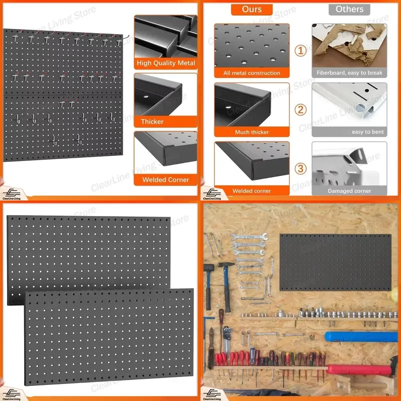 2Pcs Modular Metal Pegboard Wall Mount System Panels for Garage Workshop Tool Storage Rack Space Saving Organizers