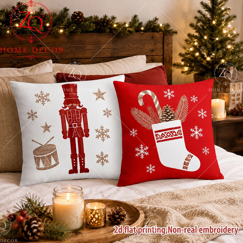 Peach Fuzz Christmas Nutcracker Stocking Throw Pillow Covers For Bedroom