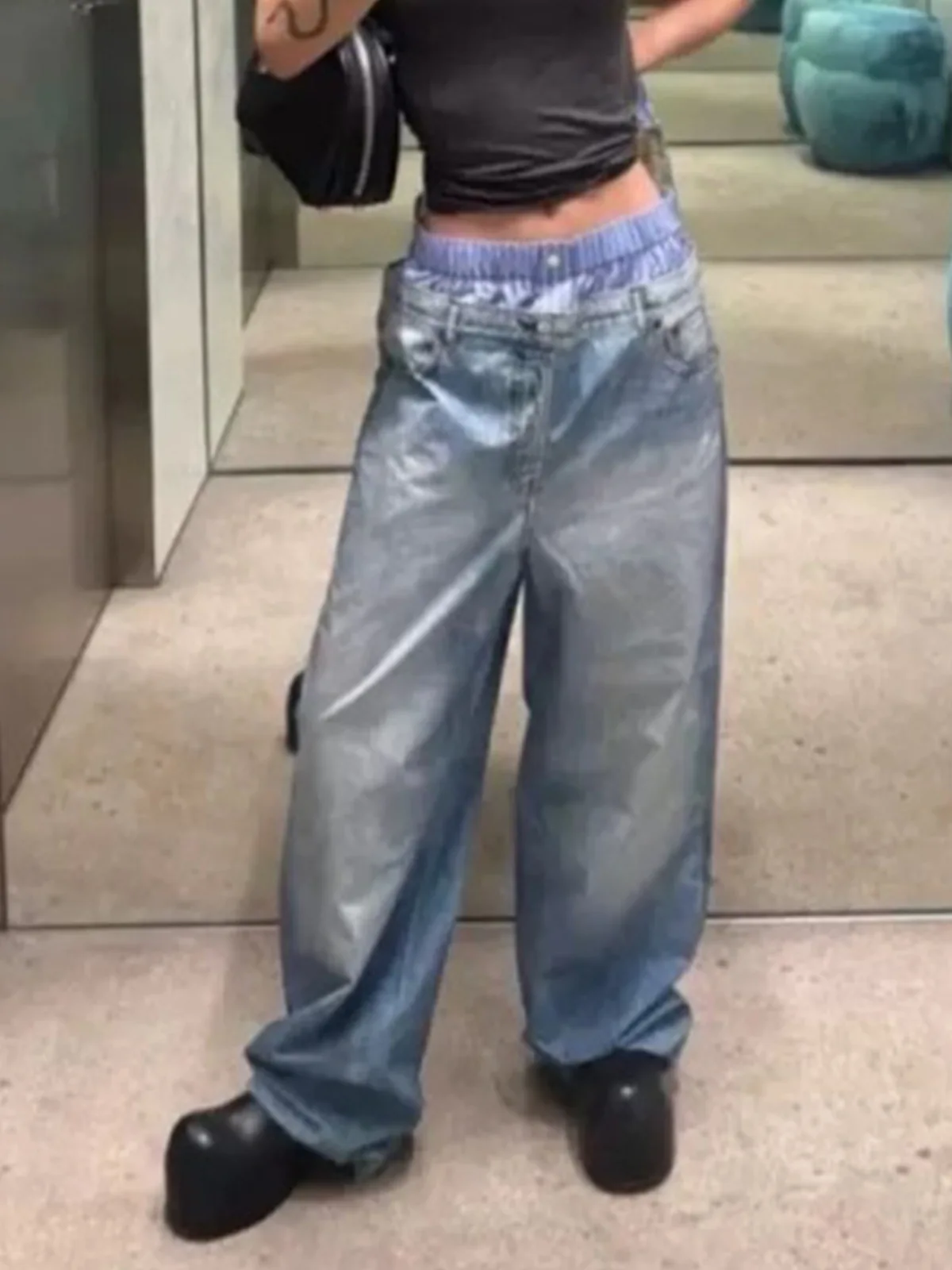 MIJKO Pantalones vaqueros con estampado 3D de doble cintura y empalme, pantalones blancos desgastados lavados con pierna recta para hombres y mujeres