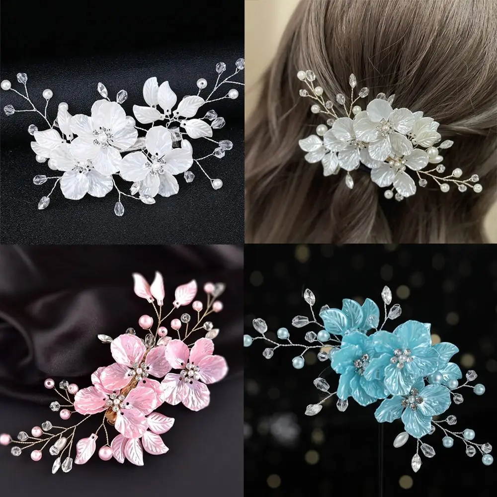 جواهر ثمينة كريستال لؤلؤة زهرة دبوس الشعر أنيق جميل وصيفة الشرف تيارا الأزهار نمط المشابك الزفاف إكسسوارات الشعر