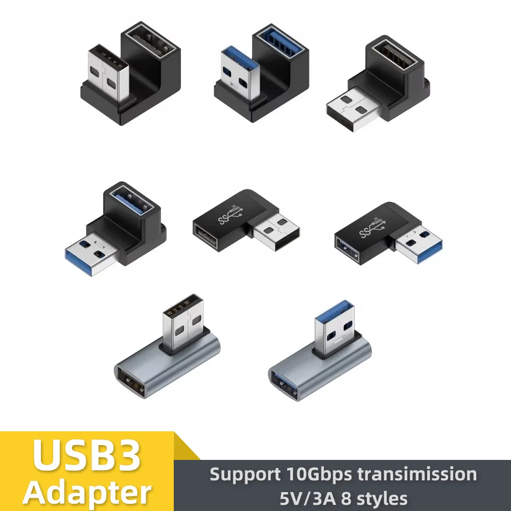 Adapter USB 3.0 z kątowym złączem 90 stopni, wypukły, 10 Gbps, złącze USB do PC, męski na żeński, przedłużacz, konwerter.