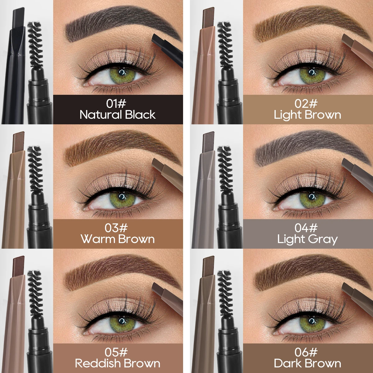 Lápiz de cejas de punta Triangular de doble punta con pincel, resistente al agua y duradero y 6 colores, perfecto para todo tipo de piel