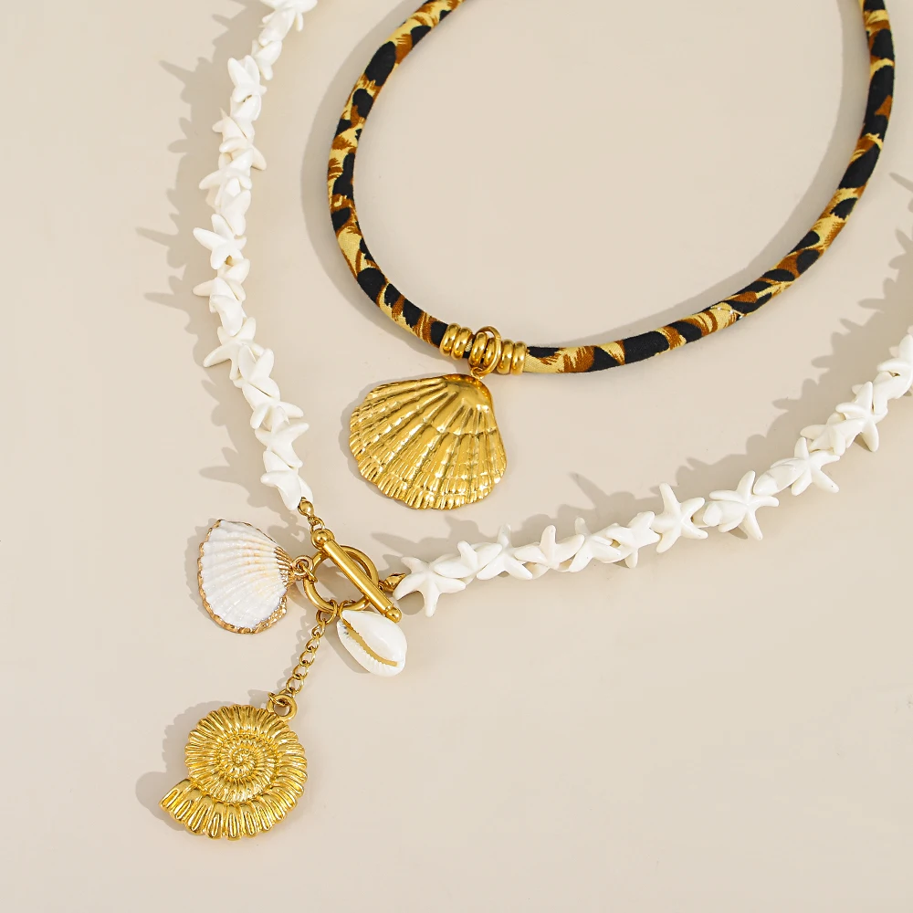 

Freetry Stainless Steel Starfish Conch Sun Pendant Necklace for Women Retro Leopard Pattern Rope Chain Choker Waterproof Jewelry