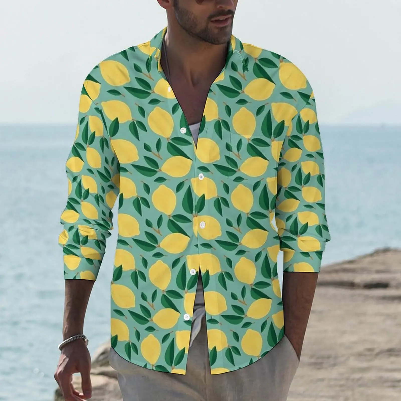 

Fruit Print Street Style Casual Shirt Men Marley Lemon Shirt Spring Vintage Blouses Long Sleeve Custom Oversized Top