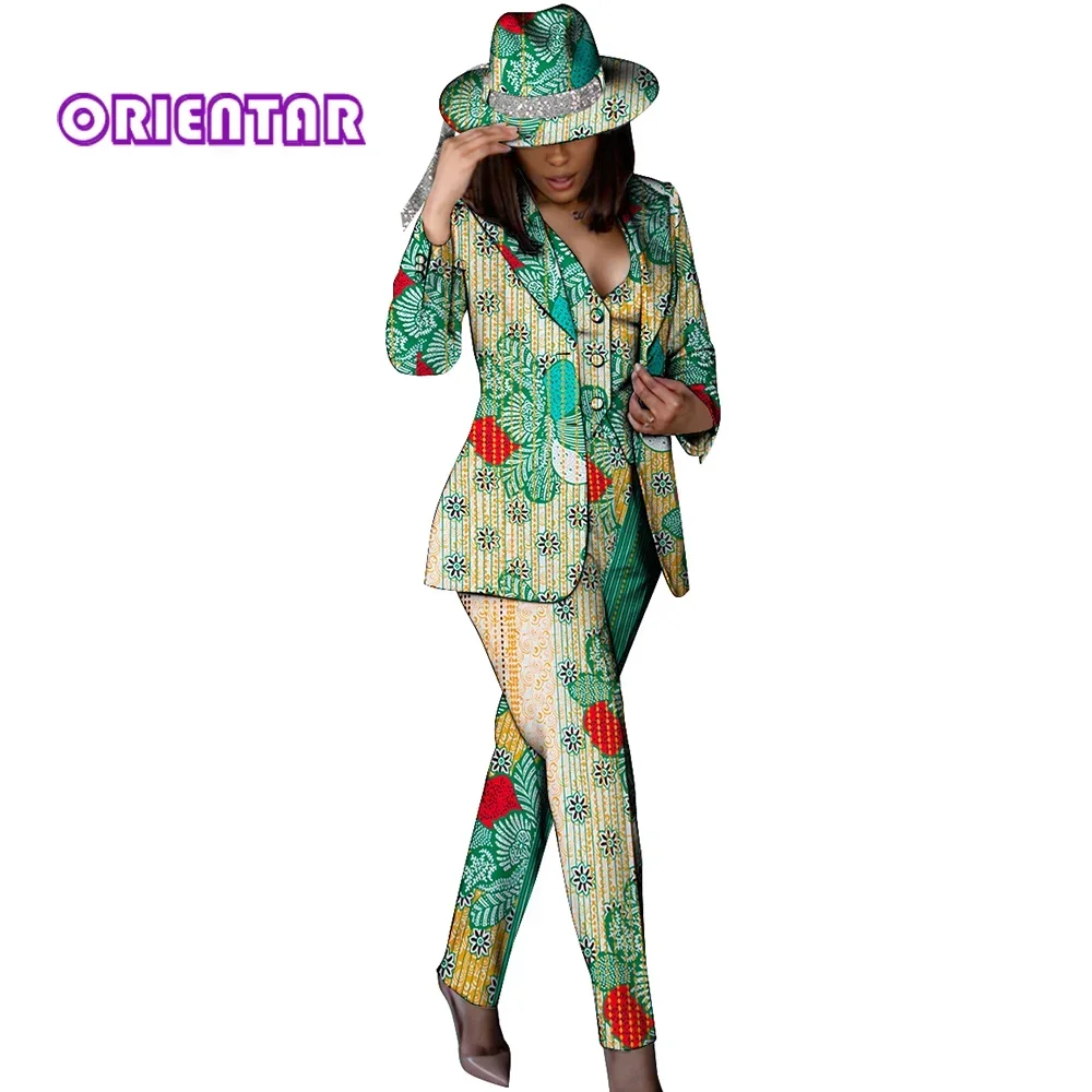 African Outfits for Women African Print Pants and Blazer with Hat Office Suits Set Women African Clothing WY10016