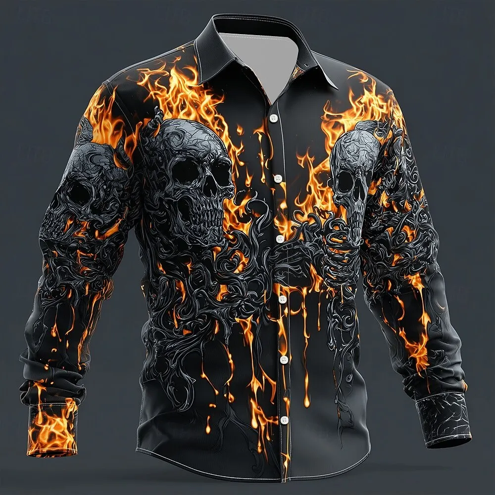 2025 Halloween Men's Skull Flame Costumes Shirt Button Up Long Sleeve Gothic Style Tops Fall Winter