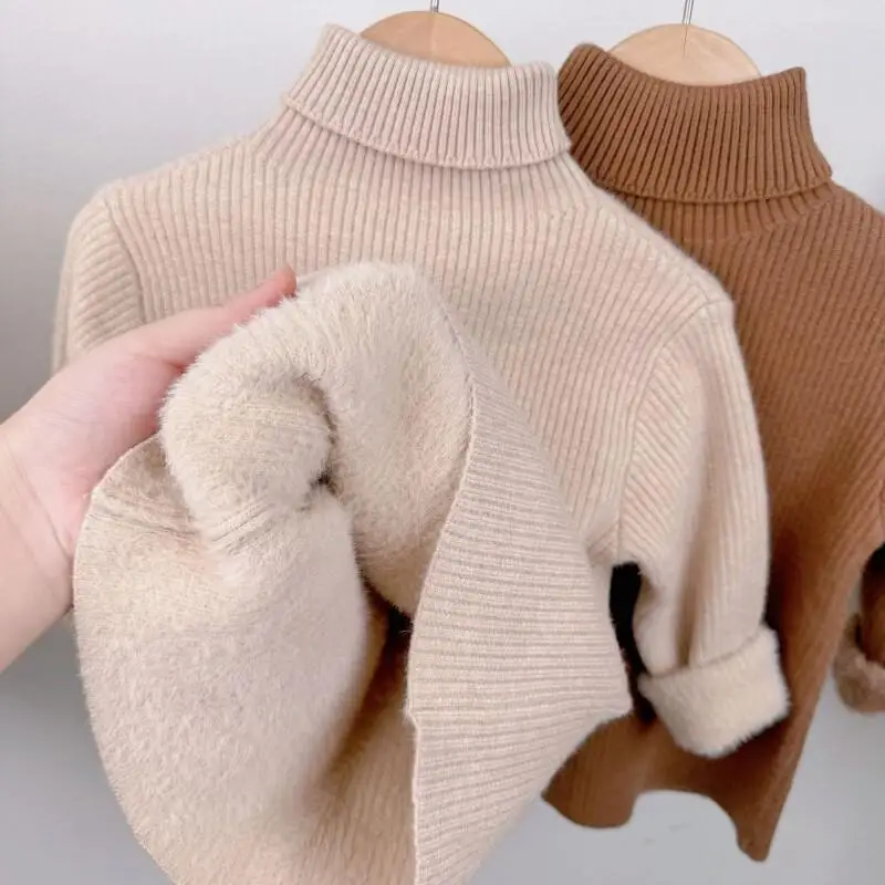 

Новый теплый вязаный свитер для детей: мальчиков и девочек, осенне-зимний, с высоким воротником, на флисовой подкладке, утолщенный, цельный