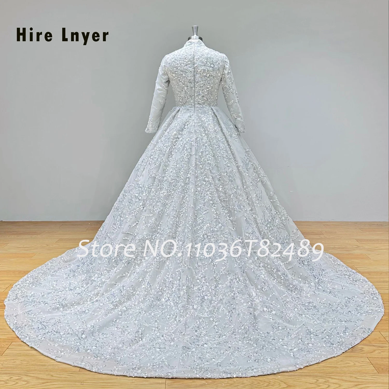 Hire Lnyer High Neck Zipper Up Back Long Sleeve All Over Covered Shiny Beading Pearls Sequins Grey Muslim Wedding Dresses