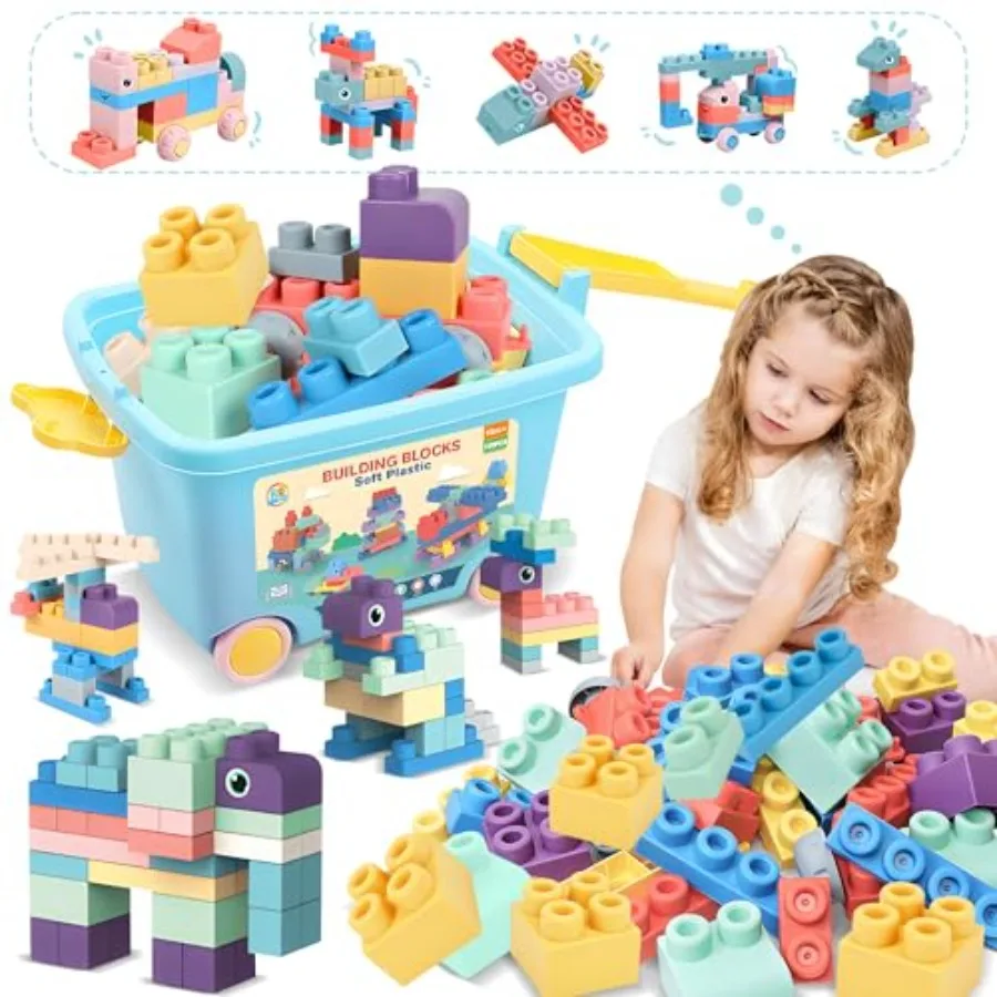 

STEM educational toddler toys for preschool: 100PCS rubber soft baby blocks in assorted colors sensory stacking building set wi
