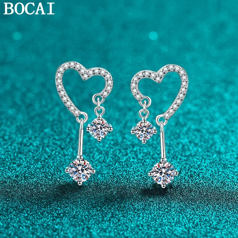 

BOCAI NEW S925 Pure Silver Simple And Sweet Inlaid With Moissanite Heart Tassels Earrings