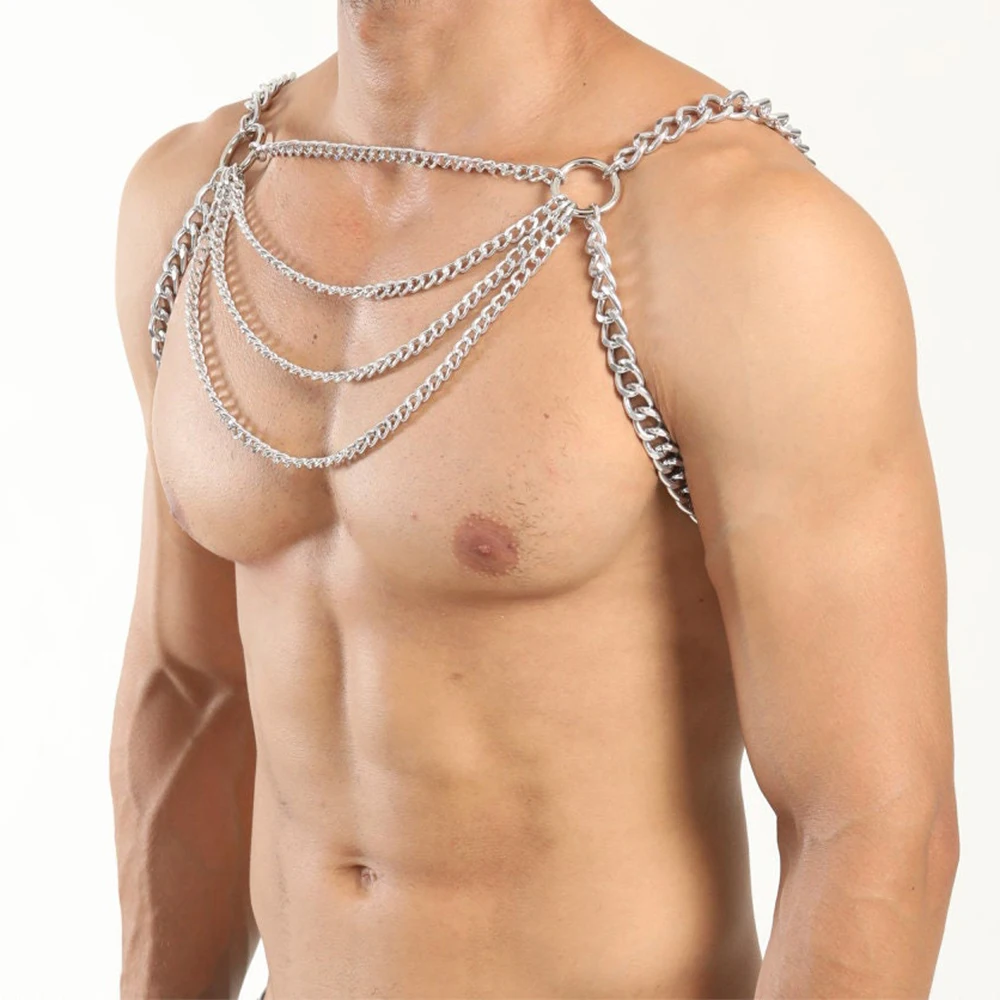 Sexy Men Fashion Accessories Metal Cosplay Hollow Out Body Strap Chain Gay Sissy Harness Club Chest Jewelry Necklace Bdsm Fetish