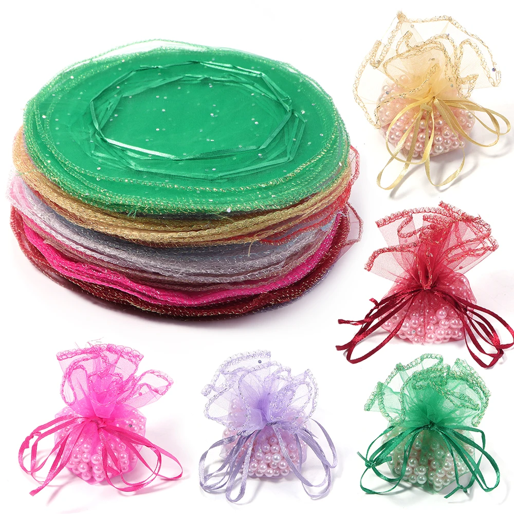 10pcs 26cm Round Organza Drawstring Bags Colorful Sheer Gift Bags For Wedding Christmas Party Jewelry Gifts Candy Packaging Bags