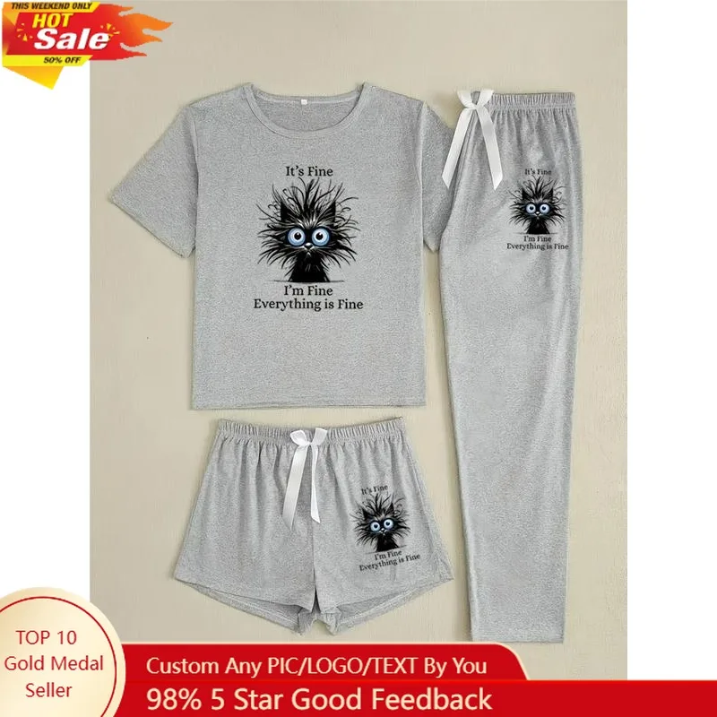 

Women's Cartoon Cat Print Pajama Set, 3 Piece Sleepwear Collection, Casual Fitted Nightwear for All Seasons, Loungewear