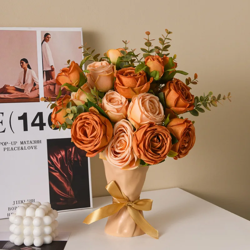 

Orange Rose Artificial Flower Bouquet Vase Suit Living Room Orange Holding Ceramic Vase Ornaments Eucalyptus Chamomile Bouquet O