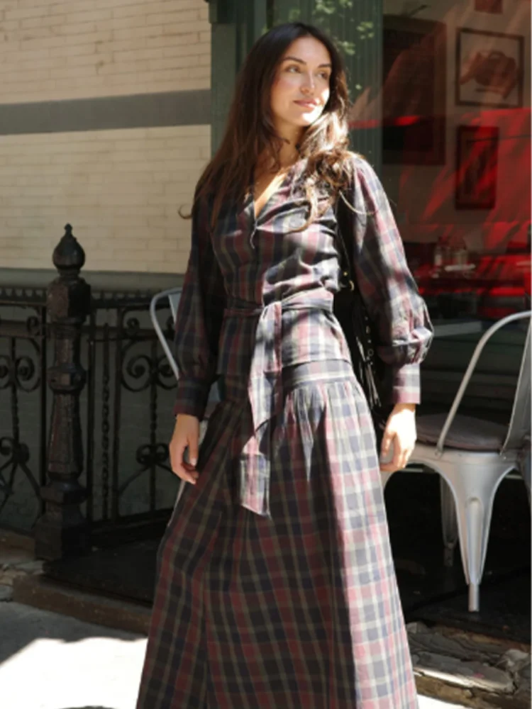 

Повседневное женское клетчатое платье с v-образным вырезом, элегантное облегающее платье с рукавами-фонариками на шнуровке, 2024, женские осенние повседневные уличные платья для поездок на работу