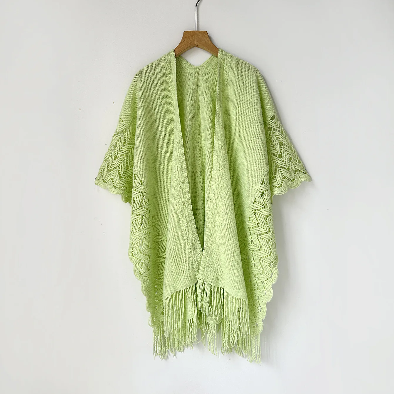 New minimalist Cloak imitation cashmere knitted solid color hollow out women's multifunctional cape tassel office Poncho P2