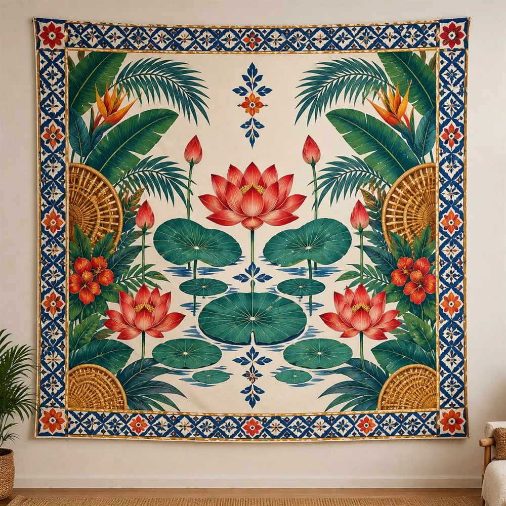 VIKAMA Water Lily Pond Border Frame Tapestry Wall Hanging, Tropical Wall Decor Tapestries for Kitchen Dining Room Living Room