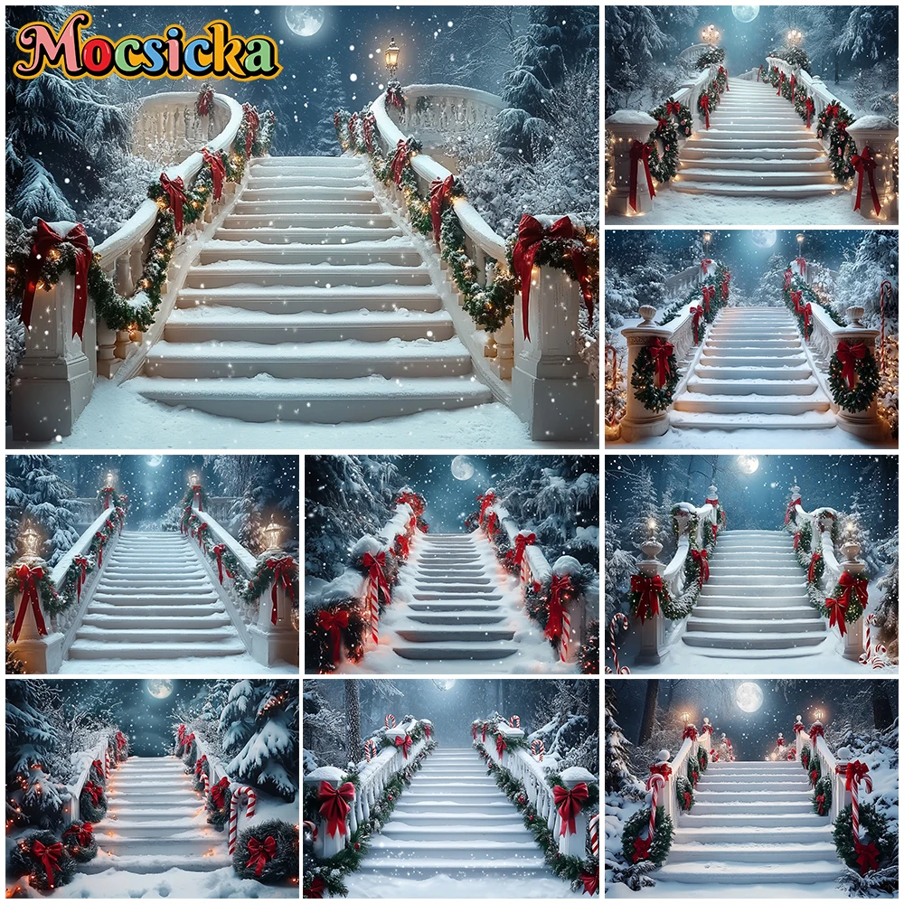 

Mocsicka New Year Party Backdrops Winter Snow Staircase Bridge Decorations Christmas Festival Photography Backgrounds Wallpape