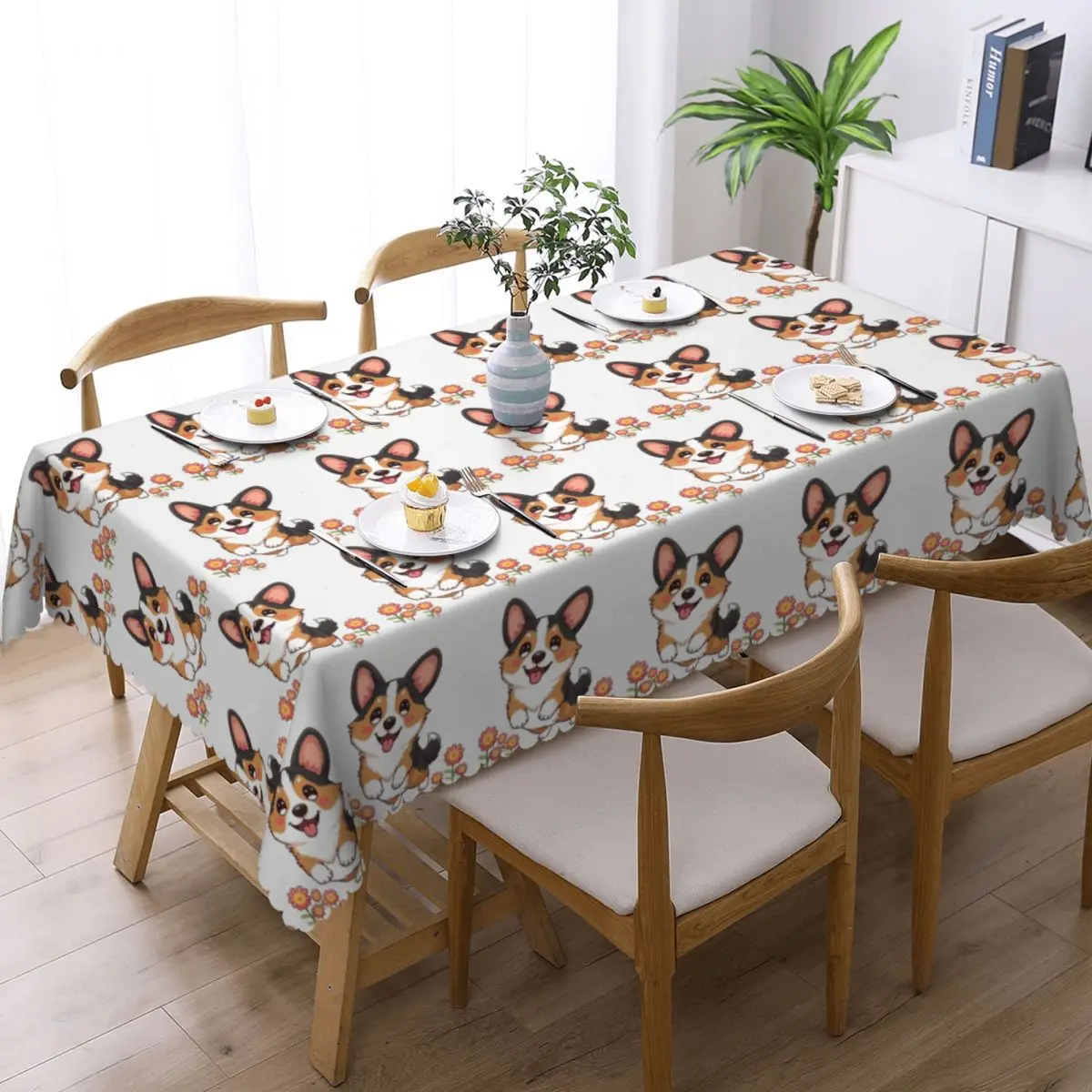 Kawaii Tricolor Corgi In The Garden Tablecloth Restaurant Kitchen Rectangular Tablecloth Tablecloth Outdoor Dining Table Cover