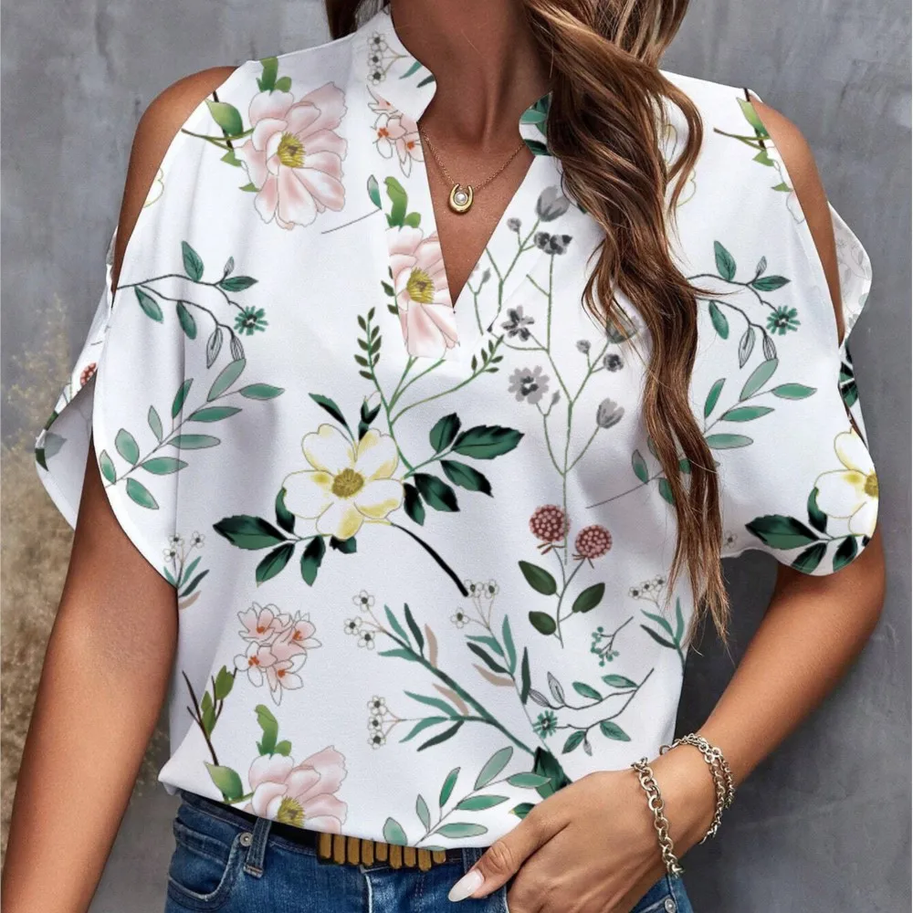 Sexy V Neck Short Sleeve Shirt Blouse Tops Office Lady Spring Summer Casual Loose Flower Print Tshirt For Women 2024 Female Tees