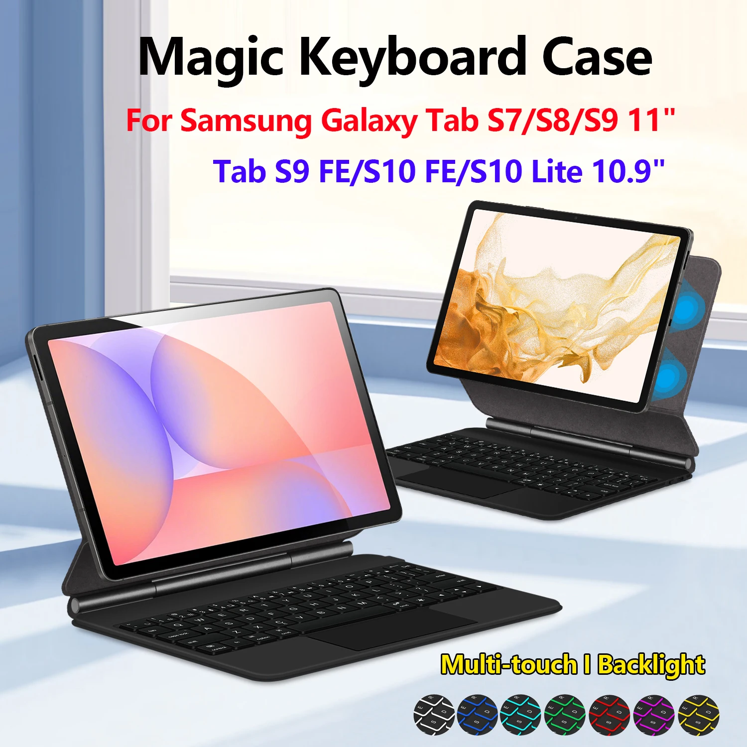 Smart Magic Keyboard Case for Samsung Galaxy Tab S7/S8/S9 11 Inch Case For Tab S9 FE 10.9" SM-X510 SM-X516B S10 FE 10.9 2025 S10 Lite 10.9" SM-X400 SM-X406B Multi-touch Backlight Magnetic keyboard