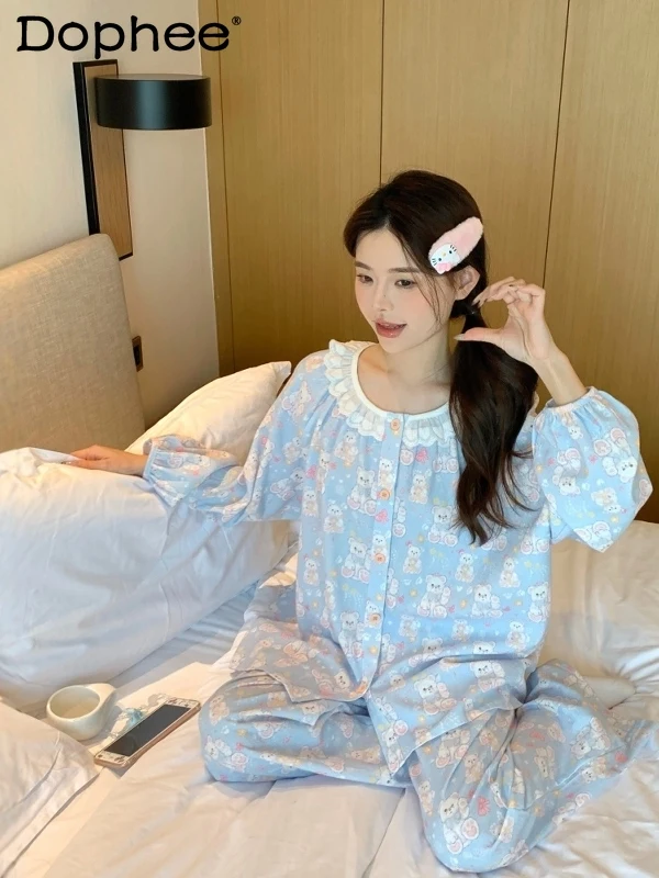 

2025 весенне-осенняя пижама с круглым вырезом и длинными рукавами для женщин, повседневный комплект домашней одежды из чистого хлопка с рисунком медведя для милых девочек