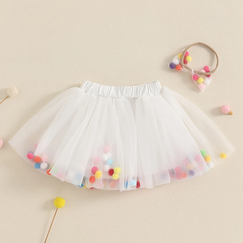 Peutermeisje Mesh Tutu Rok Kleurrijke pluche bal Elastische taille Tule rok Verjaardag A-lijn rok met hoofdband 1-5 jaar