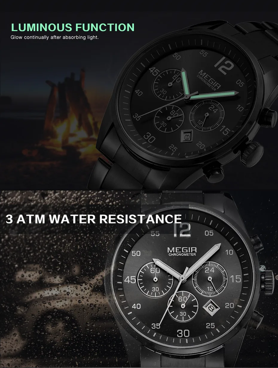 MEGIR 2010 Business Simple Big Dial Watch Stainless Steel Band Calendar Luminous Hands Waterproof Men Quartz Watches