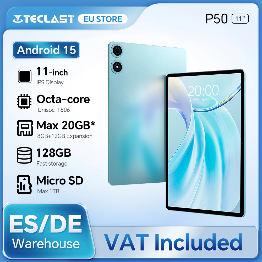 Teclast P50 2025 Android 15 Tablet 11" IPS 90Hz Max 20GB RAM 128GB ROM Unisoc T606 8-core 7000mAh Type-C 4G LTE GPS Widevine L1