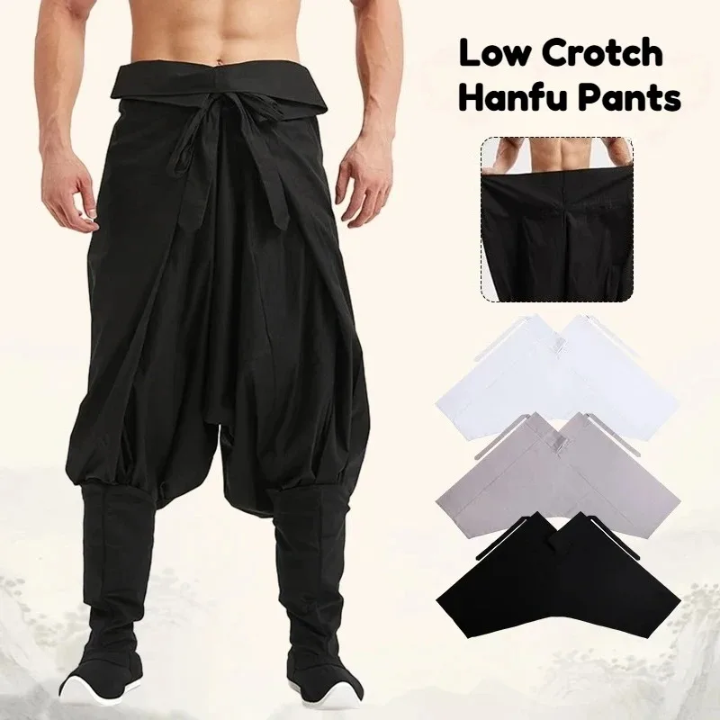 

Chinese Mens Drop Low Crotch Hanfu Pants Baggy Belted Harem Ming Dynasty Traditional Trousers Bloomers Vintage