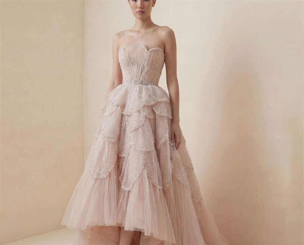 Strapless Scalloped Rhinestone Tiered Petal Tulle High‑Low Evening Gown For Women فستان مساء وردي بلا حمالات مزين بالخرز وطبقا