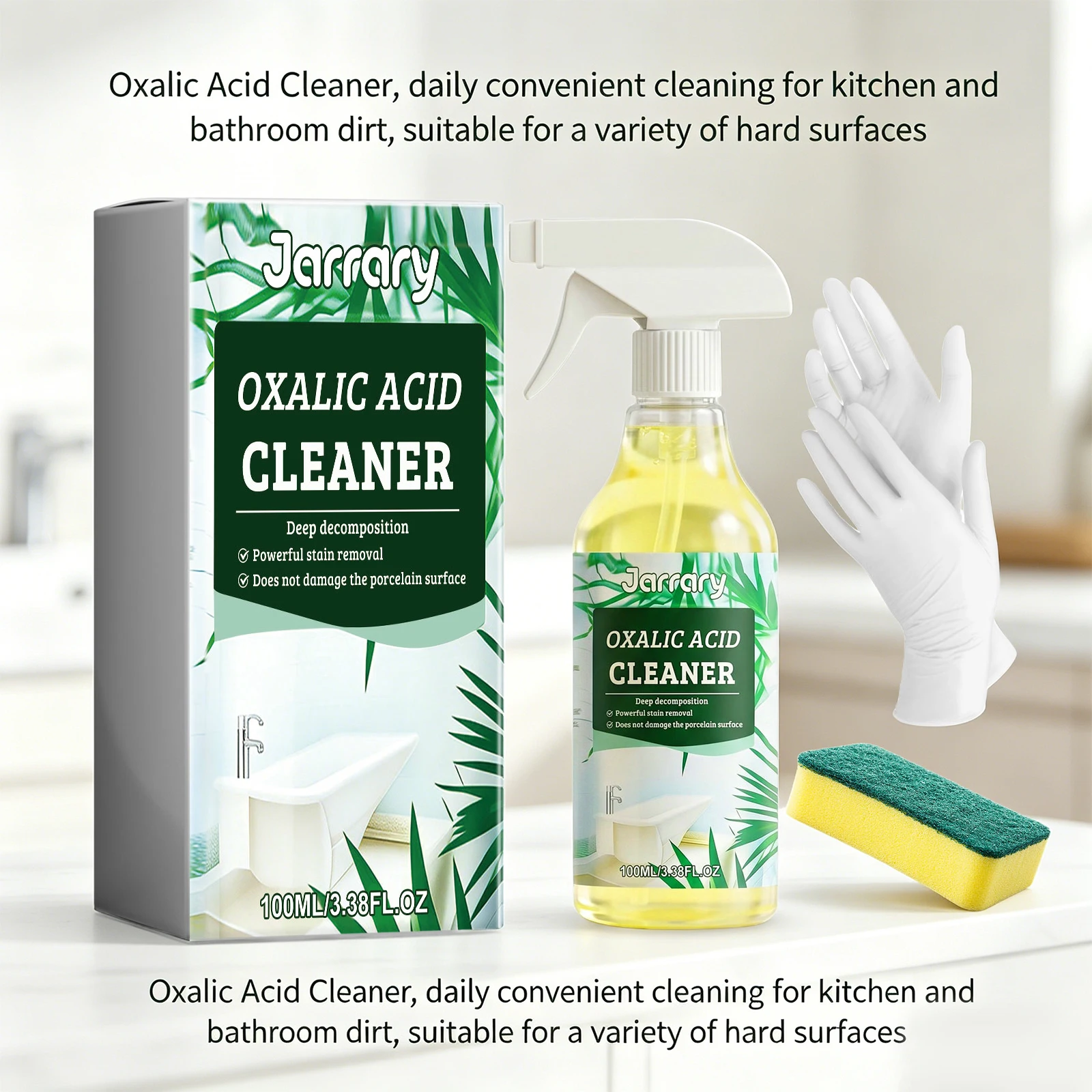 Oxalic Acid Cleaner 100ml Bathroom & Kitchen Stain Remover with Sponge & Gloves for Toilet, Tile & Grout Deep Cleaning Spray