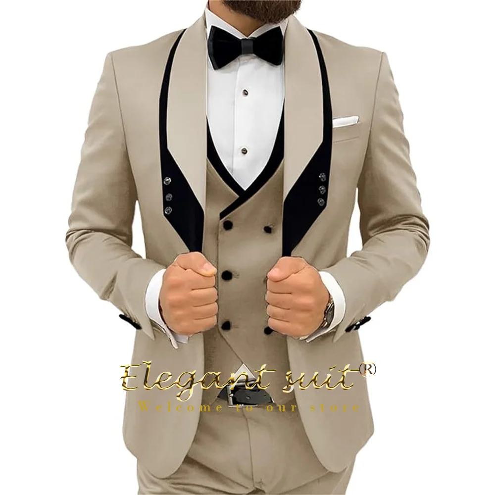 Men\'s black collar 3 piece suit (single button jacket vest and trousers) custom wedding groom dress elegant slim fit tuxedo