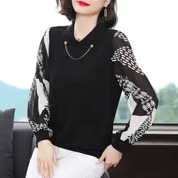 Women's Clothing Pullover Round Neck Rivet Printing Geometric Lantern Long Sleeve Chiffon Elegant T-shirt Casual Trendy Tops