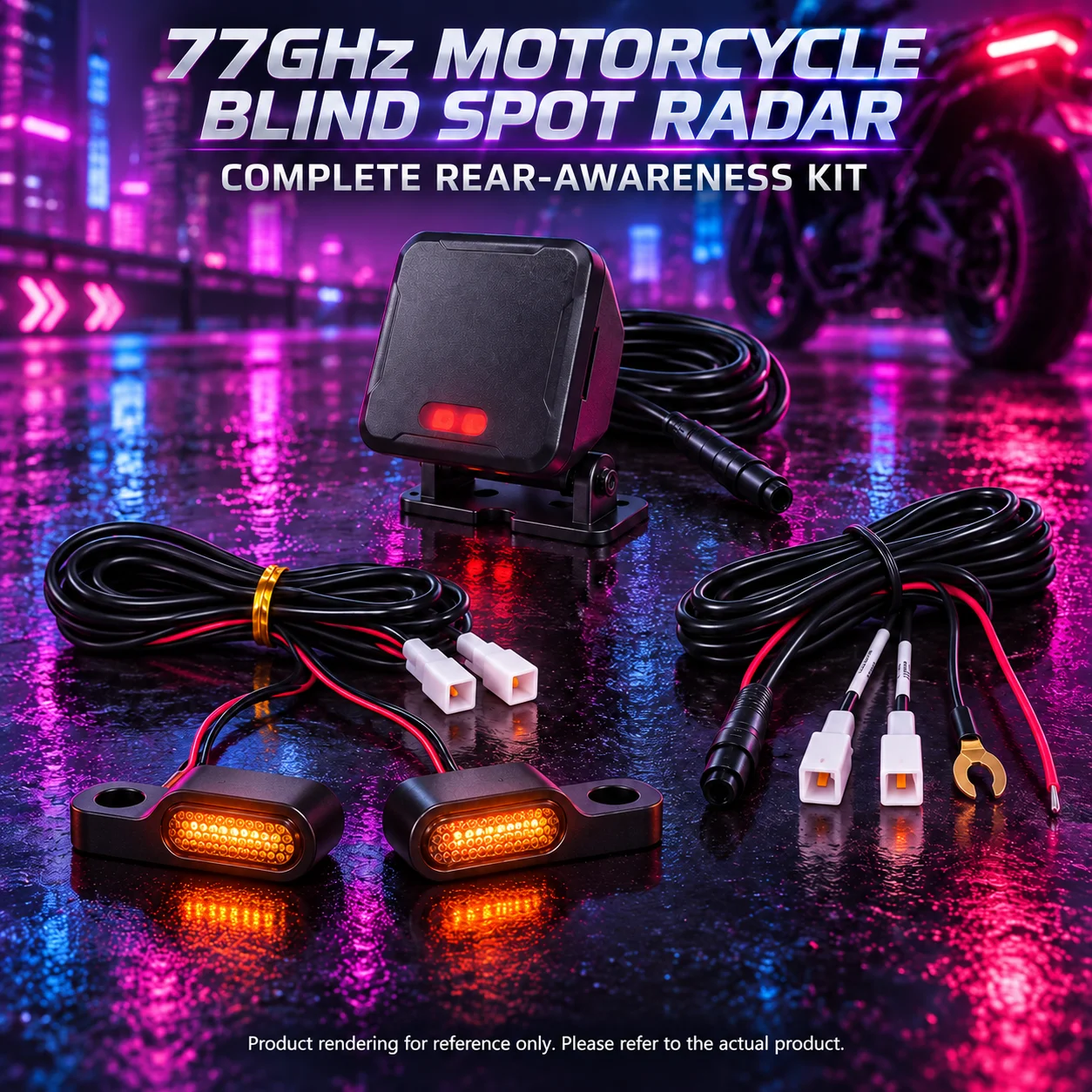77GHz Motorcycle Smart-City Rear Radar with Dual Mirror LEDs, BSD 8.4m, LCA 50m and Up to 70m Detection