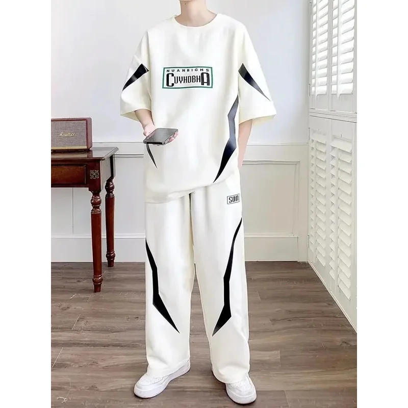 

Мужская футболка и брюки, гладкие спортивные костюмы, комплект мужских брюк с алфавитом, комплект из двух предметов, предложение Xl, корейский стиль, стильный повседневный стиль