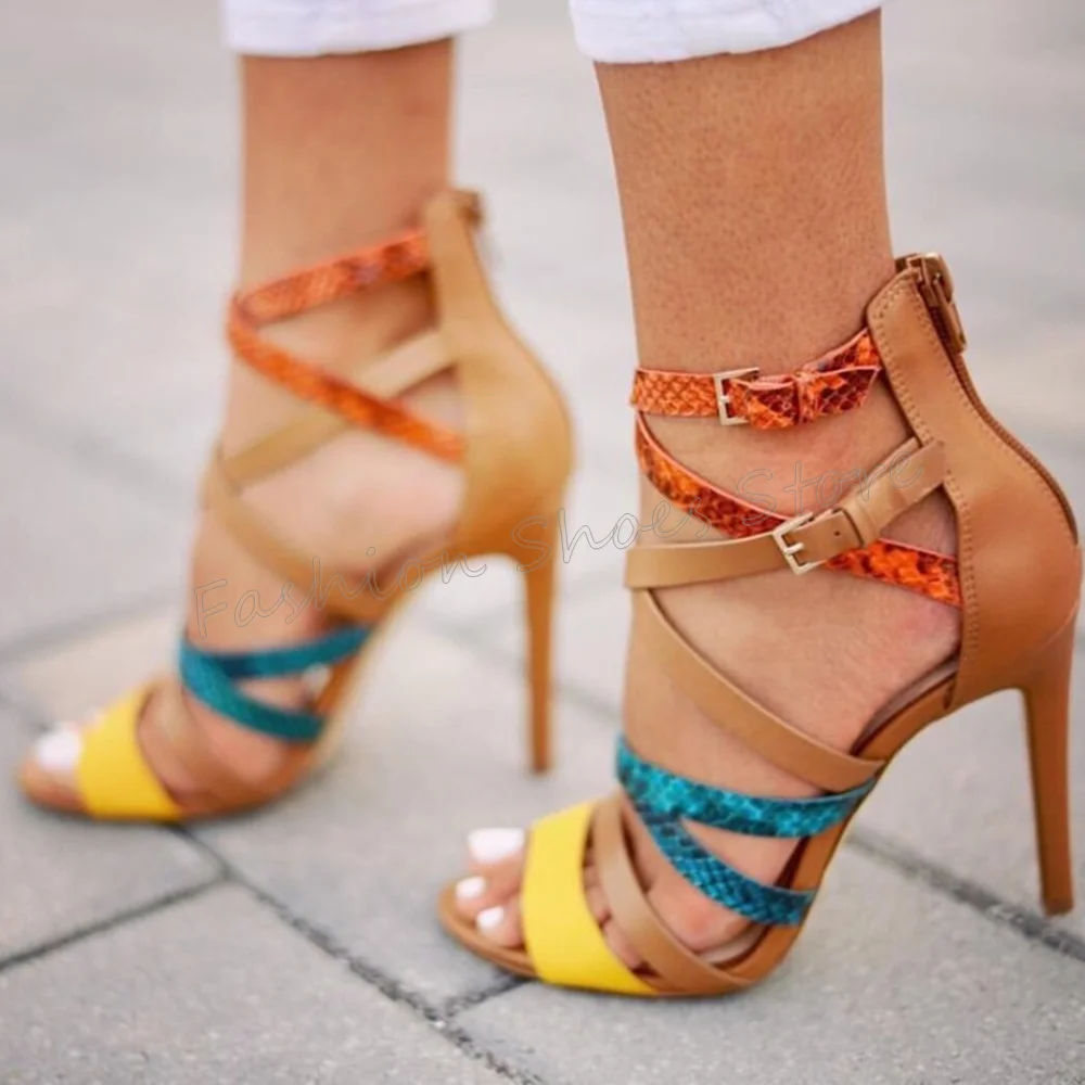 

Brown Cross Strap Back Zipper Sandals Buckle Decor Thin High Heels High Heel Shoes for Women Heels 2025 New Zapatos Para Mujere