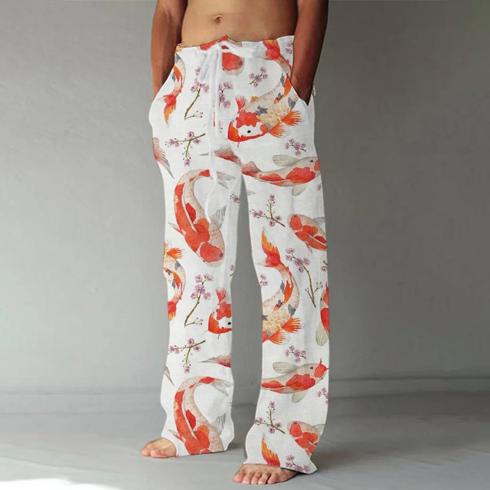 2025 Handsome Turtle Printed Men's Casual Pants Comfortable Breathable Linen Material Fashion Casual Pants Daily