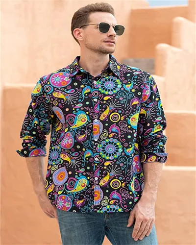 Imagen 2 del producto Camisas de discoteca de los años 70 para hombre, camisas informales, camisas florales Vintage de manga larga, cárdigan con solapa y botones, camisas de gran tamaño para hombre