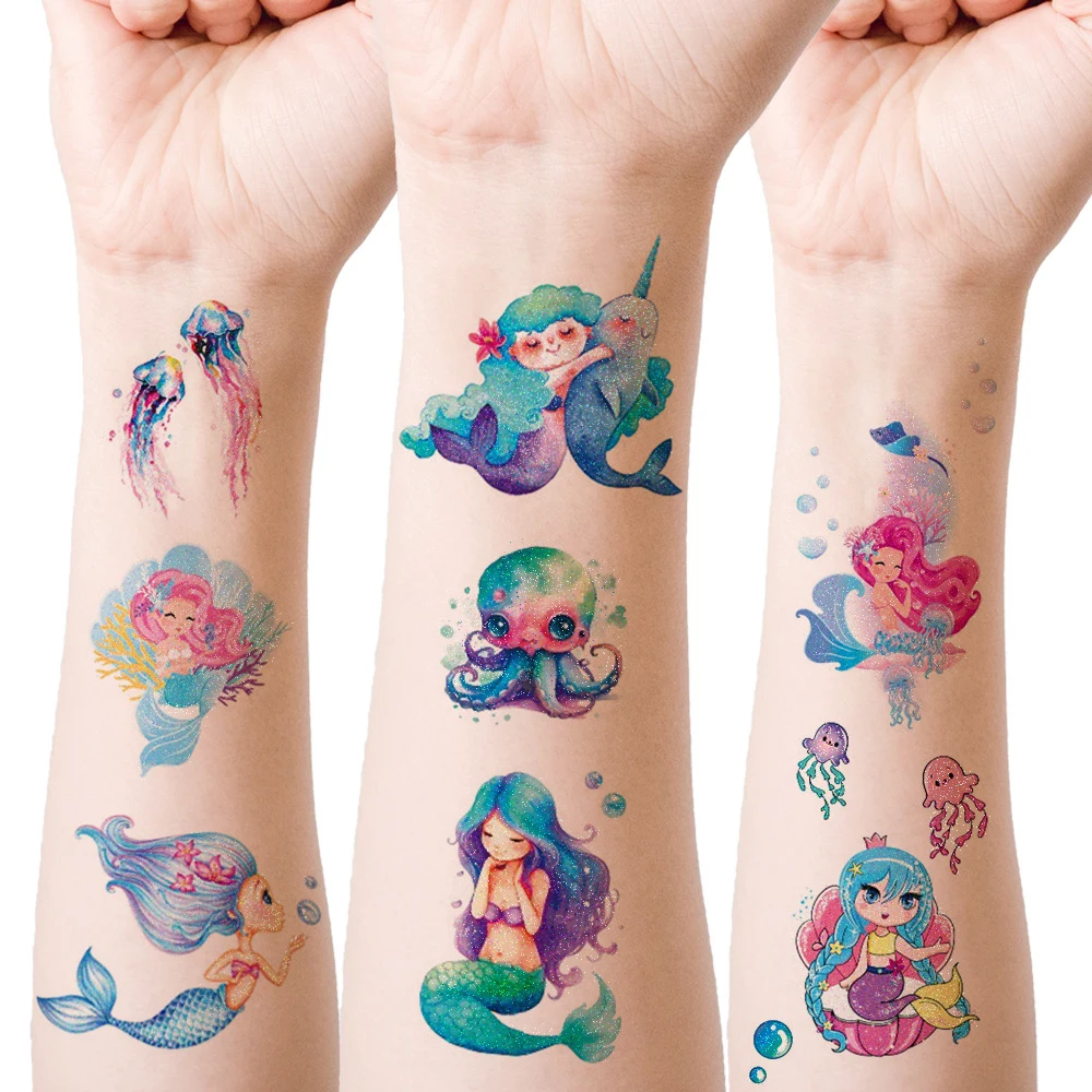 12pcs Kids Unicorn Mermaid Tattoo Colorful Glitter Powder Waterproof Temporary Sticker Cute Cartoon Body Art Arm Fake Tattoos