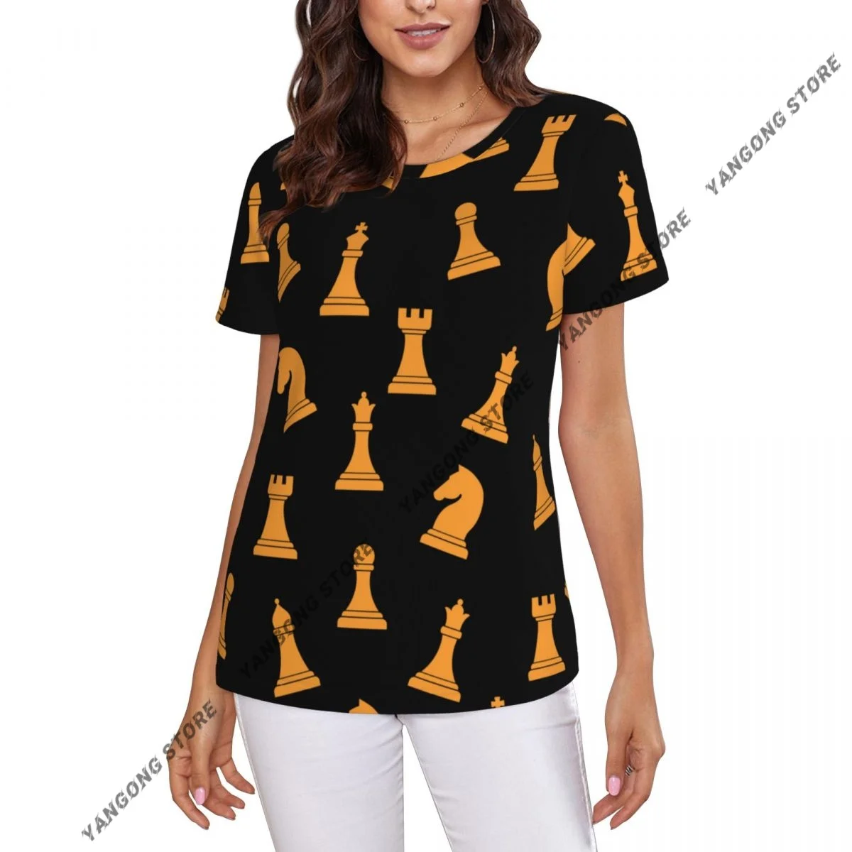 Womens Short Sleeve Chess Icons Casual Tee Clothing Crewneck Woman T-Shirts