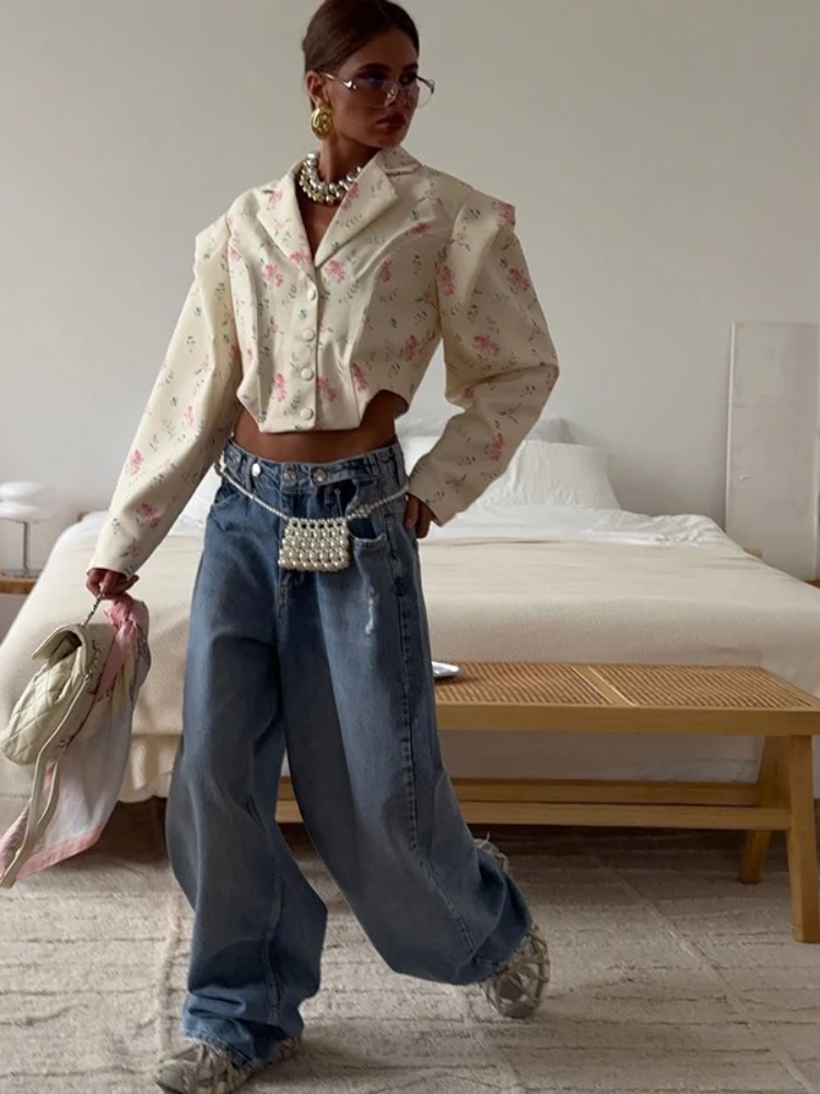 FDYOUI 2025 Herfst Bloemenprint Pak Vrouwen Lange Mouw Crop Tops Blazers Office Lady Single Breasted Korte Outerwears Streetwear