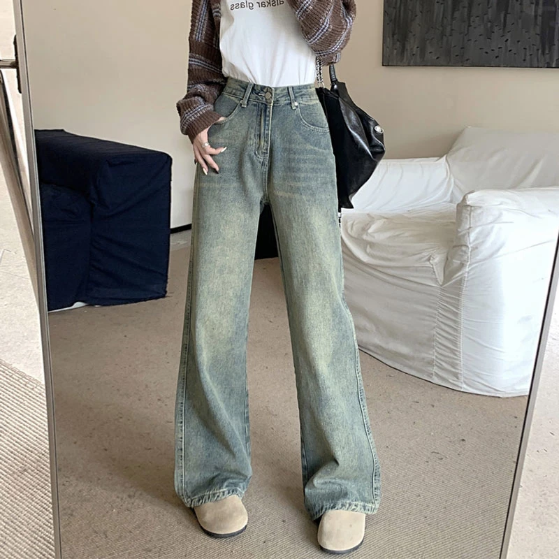 

Large Size Nostalgia Wide Leg Jeans Women American High Waist Pear Loose Covered Meat Dragging Vintage Straight Pants